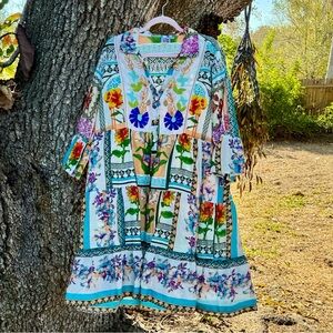 XL Parsley & Sage White and blue midi dress with multi colored floral print. XL